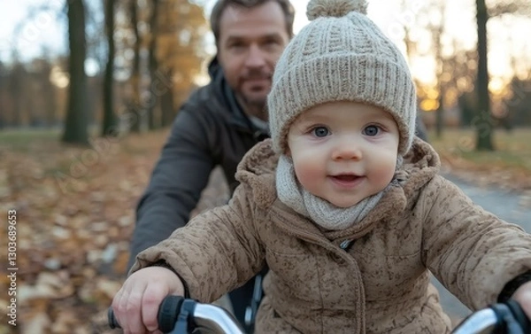 Fototapeta A cheerful child is riding a bike with a warm hat, smiling at the camera while the father helps from behind. The autumn park is filled with fallen leaves and a beautiful sunset