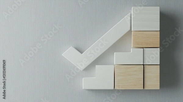 Fototapeta Abstract wooden blocks forming a checkmark on a light background. Possible use Business presentation or education material