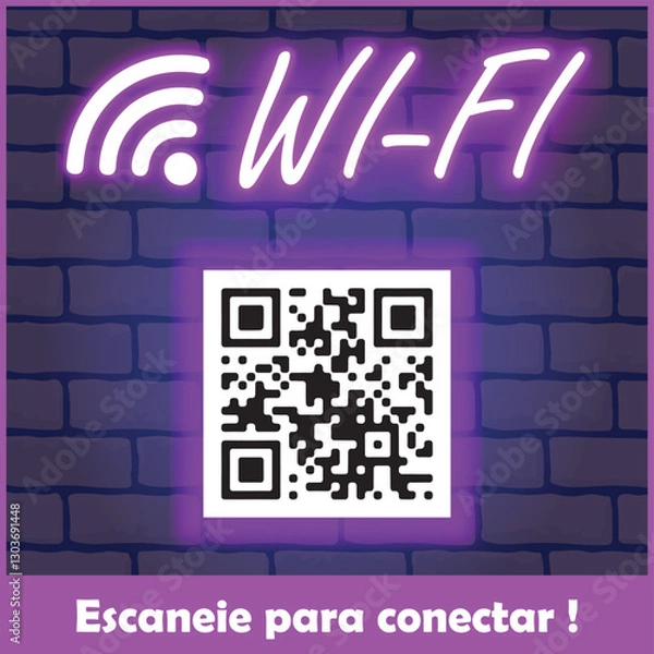 Fototapeta Placa Neon Wi-Fi Grátis com QR Code. Arte nas Cores Branco e Roxo com Textura de Tijolos ao Fundo.