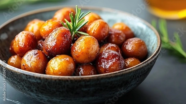 Fototapeta Sweetened potatoes in bowl, with rosemary, on dark surface, honey in background