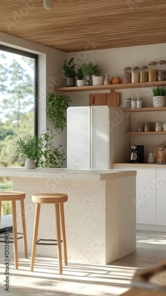 Fototapeta A bright and airy kitchen featuring a spacious island, wooden stools, and an abundance of plants. Shelves display neatly arranged jars, creating a serene and inviting atmosphere