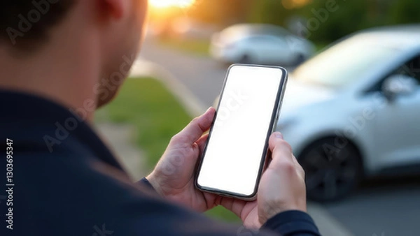 Fototapeta A man holds a smartphone with a blank white screen on a city street with cars in the background.
Concept of: Mobile app interface.