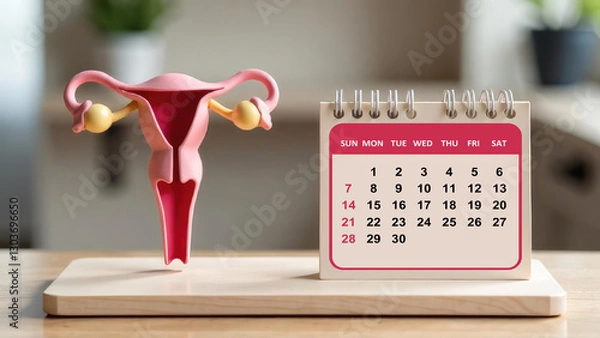 Fototapeta Female reproductive system model stands next to a calendar on a table. Concept of menstrual cycle.