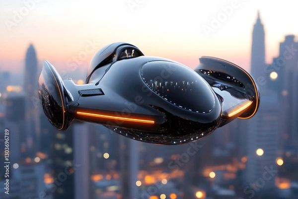 Fototapeta A sleek, futuristic hover tank gracefully levitates above a chaotic battlefield at dawn, showcasing advanced technology amidst smoke and debris, exuding an aura of power and innovation