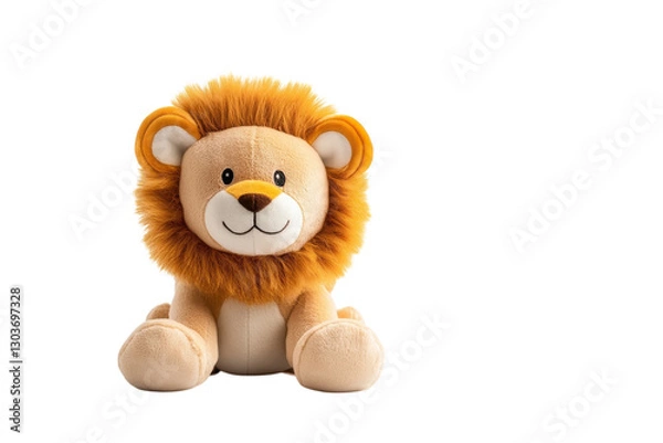 Obraz Playful plush lion toy sitting on a clean white surface with a charming expression and soft fur isolated on transparent background