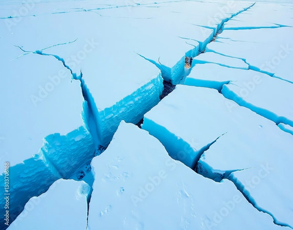 Fototapeta Antarctic ice shelf fractures. Aerial view captures deep blue crevasses against white ice, showcasing dramatic changes in -30°C conditions