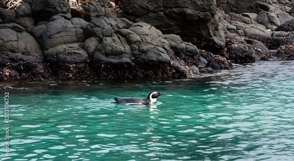 Fototapeta Galápagos Penguin Swimming Among Volcanic Rocks with Natural Coastal Background
