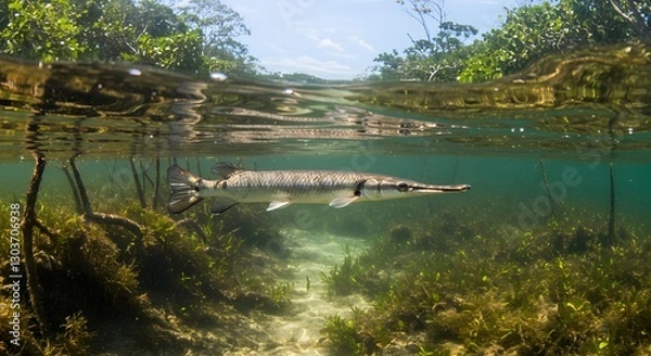 Obraz Garfish Swimming in Coastal Waters with Natural Estuary Background
