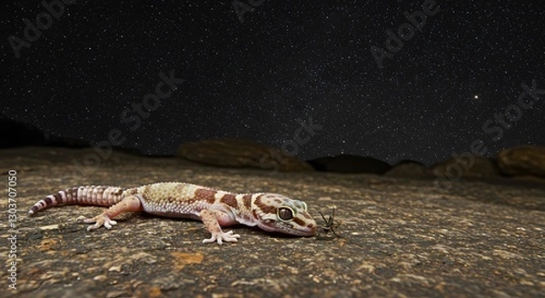 Obraz Gecko Hunting Insects on Rocks with Natural Nighttime Background