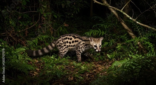 Obraz Genet Hunting in Forest Undergrowth with Natural Nighttime Background