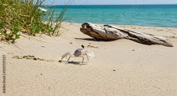 Fototapeta Ghost Crab Running Across Sandy Beach with Natural Coastal Background