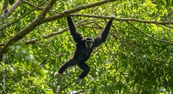 Fototapeta Gibbon Swinging Through Forest Canopy with Natural Arboreal Background