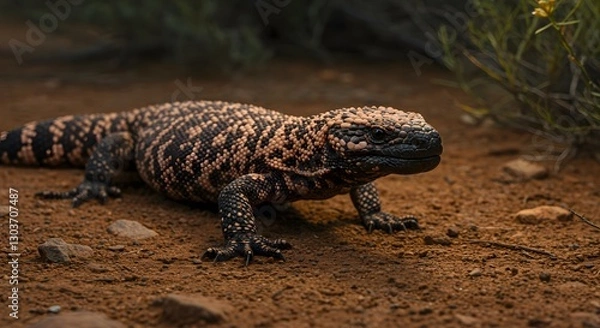 Fototapeta Gila Monster Basking in Arid Scrubland with Natural Desert Background