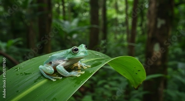 Obraz Glass Frog Perched on Leaf in Tropical Rainforest with Natural Background