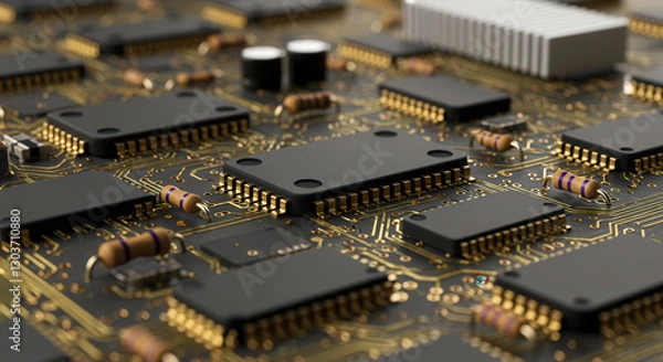Fototapeta Close-up of Circuit Board with Microchip and Semiconductor Components in Electronic Manufacturing Setting