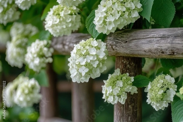 Fototapeta Climbing Hydrangea in full bloom, cascading over a rustic wooden trellis