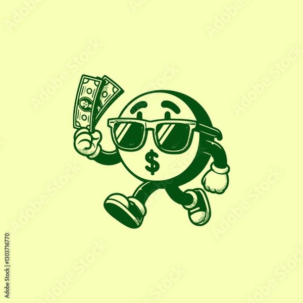 Obraz Cool Money Mascot Wearing Sunglasses and Walking with Confidence Fun Cartoon Dollar Bill Character