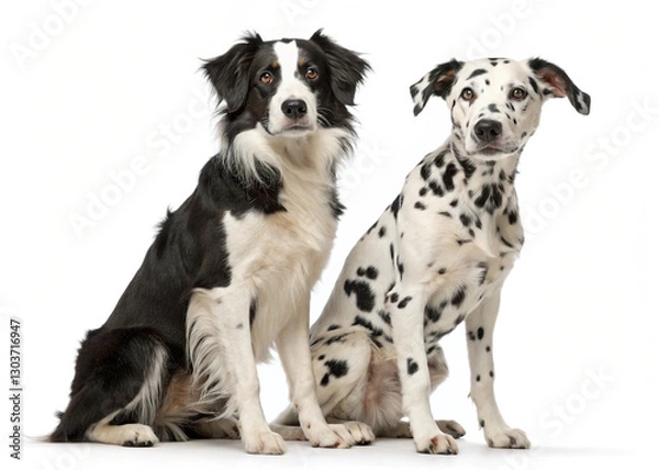 Fototapeta border collie and dalmatian sitting and looking up