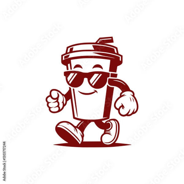 Obraz Cool Coffee Cup Mascot Wearing Sunglasses and Walking with Confidence Fun Cartoon Beverage Character