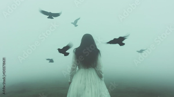 Obraz Mysterious woman in fog with crows