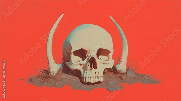 Obraz Human skull with horns on red background