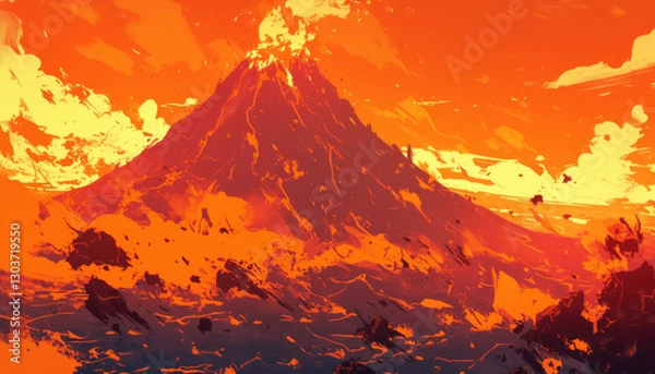 Fototapeta Explosive volcanic eruption with molten lava and fiery sky