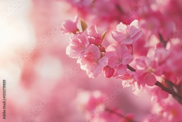 Fototapeta Delicate pink cherry blossoms in bloom, sunlight filtering through petals. Perfect for spring themes, websites, or feminine designs.