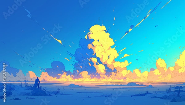 Fototapeta Lone hero witnessing massive explosion in dramatic desert sky