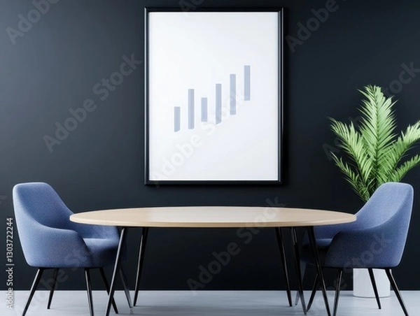 Fototapeta Modern office interior with round table, blue chairs, and abstract wall art