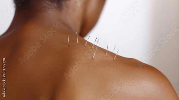Fototapeta Macro View of Acupuncture Needles on Back for Healing and Wellness, Acupuncture needles on a back concept.