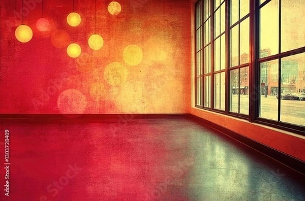 Fototapeta Brightly lit interior space with colorful walls and large windows showcasing urban scenery