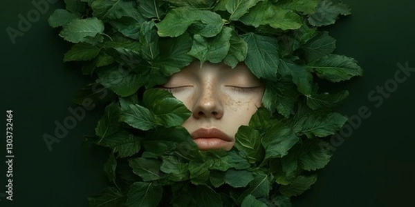 Fototapeta Serene face framed by lush green leaves, nature and tranquility concept. Eco-friendly, sustainable beauty theme.
