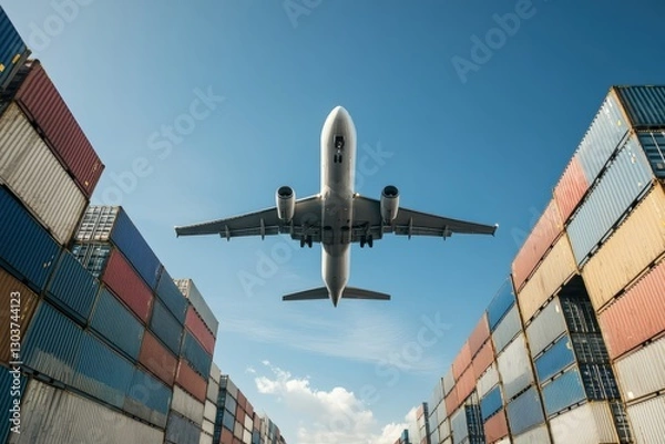 Fototapeta Cargo airplane flying over container terminal at sunny day