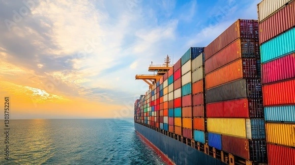 Fototapeta Side view of a massive container vessel fully loaded with multicolored cargo containers, sailing under a bright sky, highlighting the importance of maritime shipping in the global economy. 