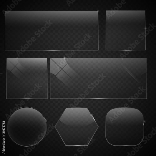 Fototapeta set of transparent glass on sample background. Glass square, rectangular and round buttons on checkered background. Vector illustration.