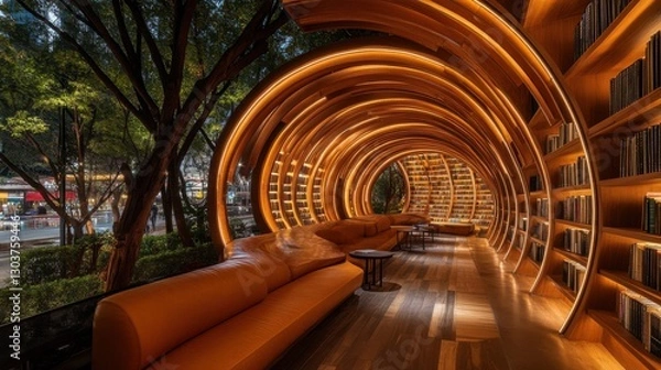 Fototapeta Modern Library Designed Like a Maze: Discover Hidden Reading Alcoves Where Each Turn Reveals Cozy Spaces for Relaxation and Exploration of Literature