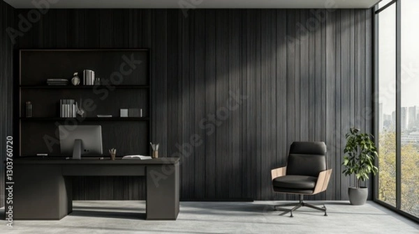 Fototapeta Modern dark wood office interior with city view. Possible use Stock photo for office design, architecture, or interior design