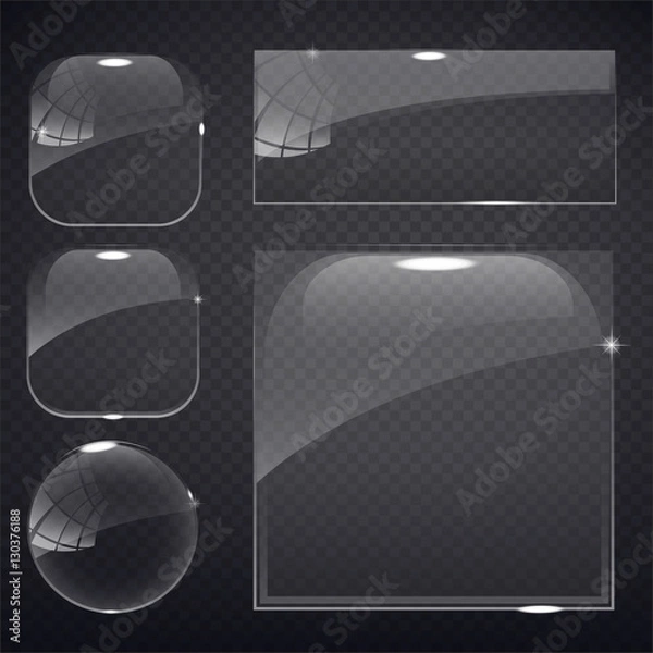 Fototapeta set of transparent glass on sample background. Glass framework set. Glass square, rectangular and round buttons on checkered background. Vector illustration.