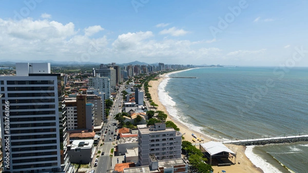 Obraz Panoramic aerial photograph of the city of Balneário Piçarras, located on the coastline of Santa Catarina, Brazil, highlighting its beaches, cityscape, and ocean views.