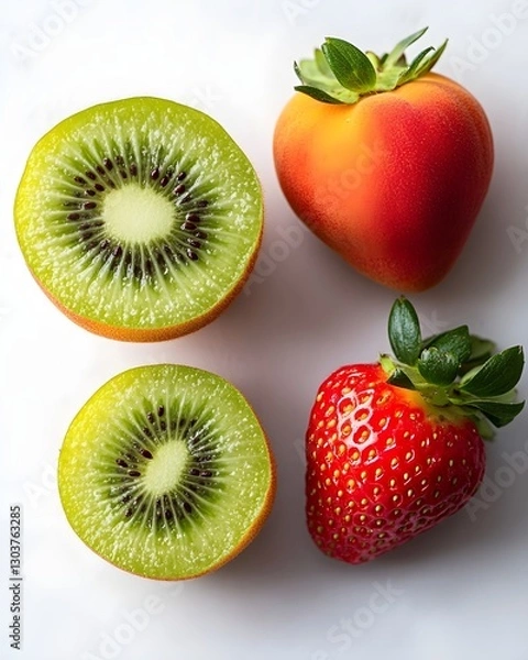 Fototapeta Kiwi with rough skin reveals green interior, full of tiny seeds. Soft fluffy peach with sweet aroma and red strawberry shows the clarity of its fresh and juicy seeds