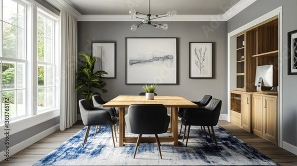 Fototapeta Modern dining room with art and built-in desk.  Possible use Interior design inspiration