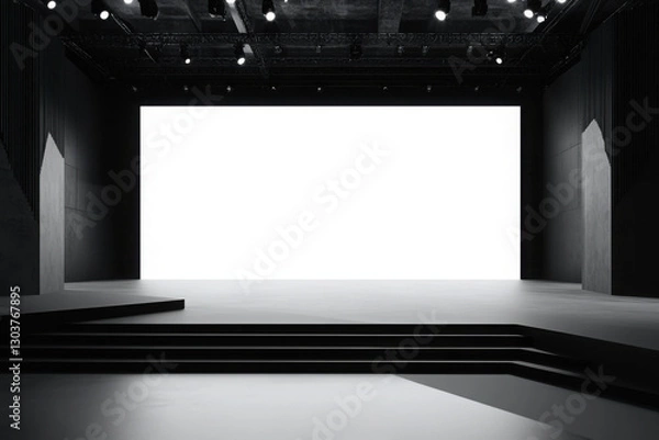 Fototapeta Perspective view on big blank white illuminated screen with place for your text or logo in empty huge hall with stage and stairway. 3D rendering, mockup