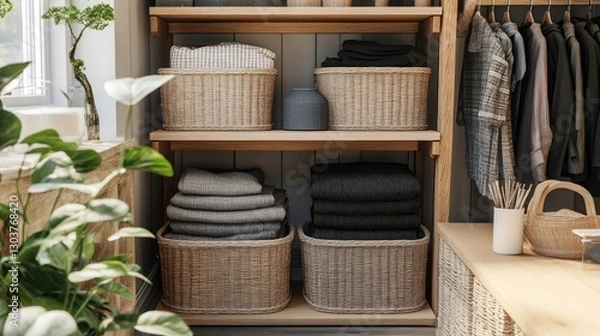 Fototapeta Neatly arranged Scandinavian-style storage featuring light wooden furniture and elegant woven baskets.