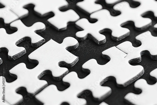 Obraz Closeup of White Jigsaw Puzzle Pieces on Black Background Showing Interlocking Sections and Gaps