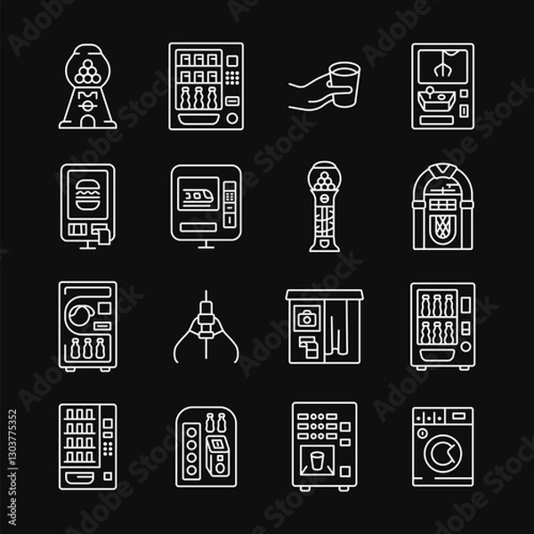 Fototapeta Vending machine white icon set on black background. Vector collection with gumball machine, toy machine, self-service ticket machine, digital payment kiosk, jukebox, photo both. Editable stroke.