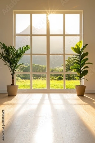 Obraz Bright and Airy Room with Mountain View and Plants