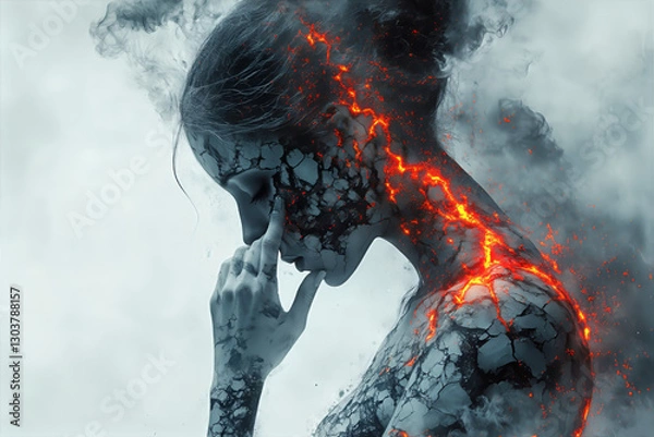 Fototapeta A surreal artistic depiction of a woman whose skin is cracking like lava, symbolizing inner strength, emotion, and transformation.  
