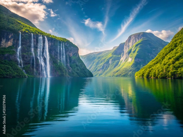Fototapeta lake in mountains. lake, mountain, landscape, water, nature, sky, mountains, reflection, clouds, river, panorama, hill, travel, forest, summer, green, norway, cloud, scenery, view, tourism, park, mirr