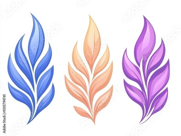 Fototapeta Three stylized leaves in blue, orange, and purple on a white background, ideal for design use