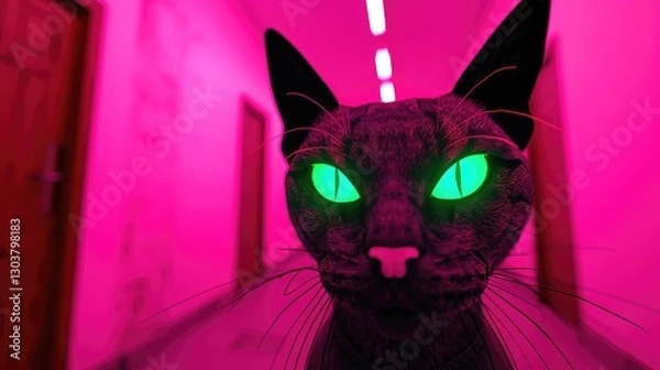Fototapeta Striking Cat with Neon Green Eyes in a Colorful Hallway Scene